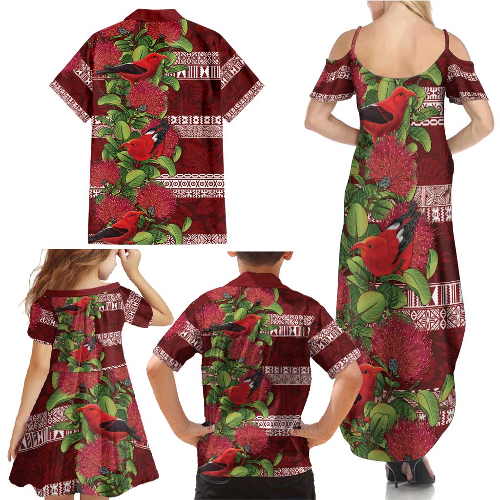 Hawaii Christmas Mele Kalikimaka Family Matching Summer Maxi Dress and Hawaiian Shirt I'iwi Bird on Ohia Lehua