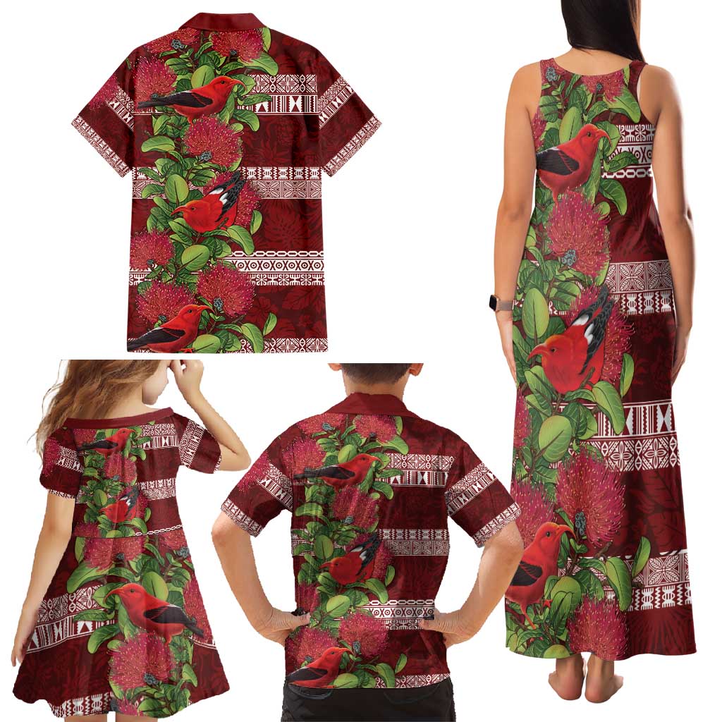 Hawaii Christmas Mele Kalikimaka Family Matching Tank Maxi Dress and Hawaiian Shirt I'iwi Bird on Ohia Lehua