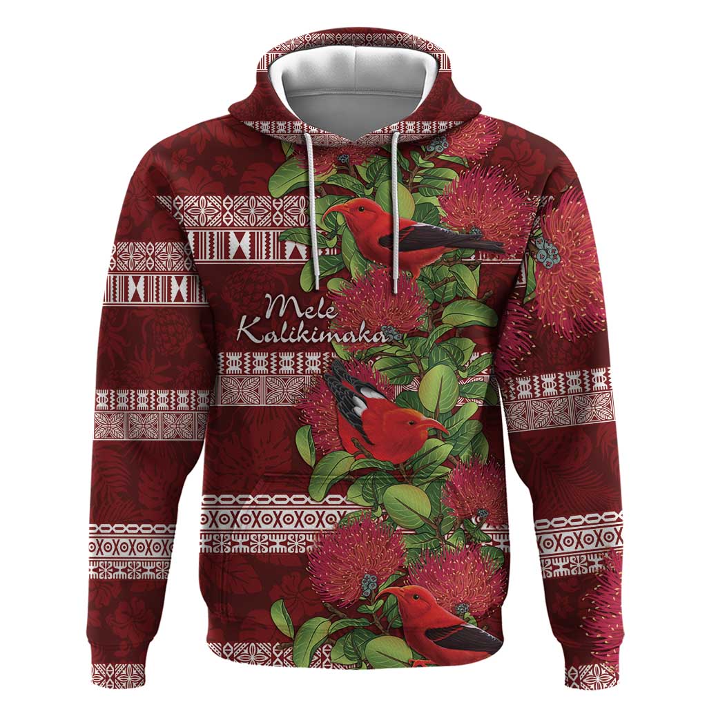 Hawaii Christmas Mele Kalikimaka Hoodie I'iwi Bird on Ohia Lehua LT7 Pullover Hoodie Red White - Polynesian Pride