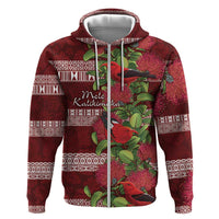Hawaii Christmas Mele Kalikimaka Hoodie I'iwi Bird on Ohia Lehua LT7 Zip Hoodie Red White - Polynesian Pride
