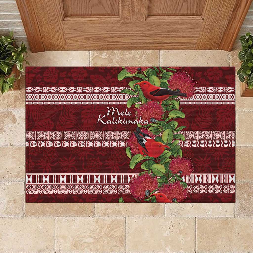 Hawaii Christmas Mele Kalikimaka Rubber Doormat I'iwi Bird on Ohia Lehua