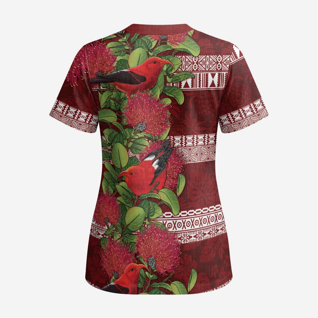 Hawaii Christmas Mele Kalikimaka Scrub Top I'iwi Bird on Ohia Lehua - Polynesian Pride