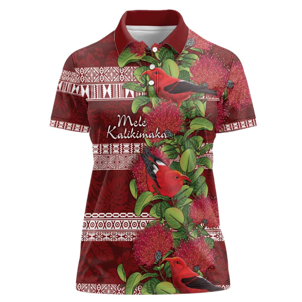 Hawaii Christmas Mele Kalikimaka Women Polo Shirt I'iwi Bird on Ohia Lehua