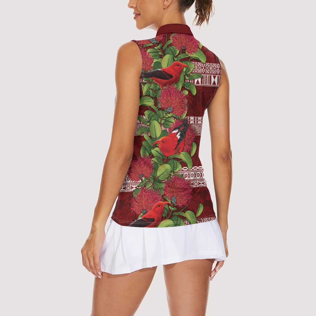 Hawaii Christmas Mele Kalikimaka Women Sleeveless Polo Shirt I'iwi Bird on Ohia Lehua