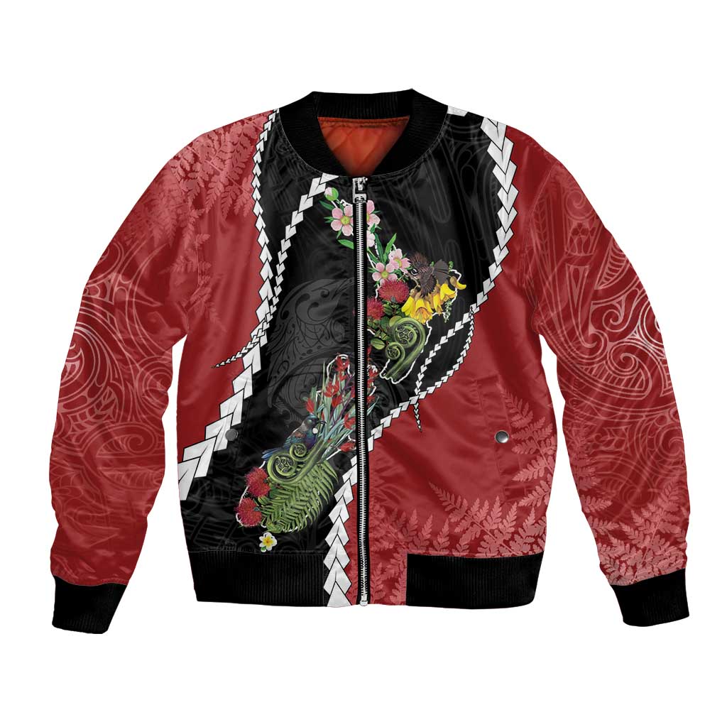 New Zealand Christmas Bomber Jacket Flora Map with Birds - Polynesian Pride