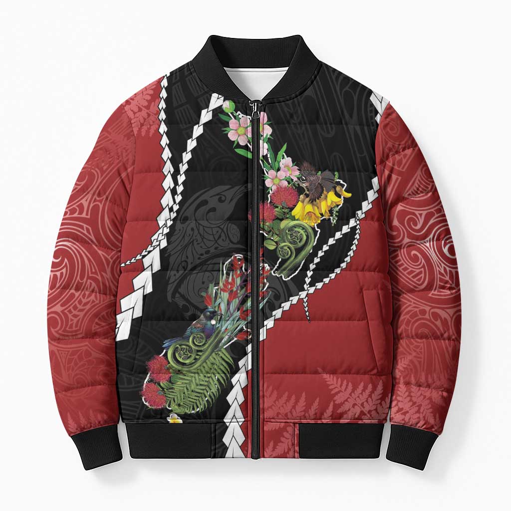New Zealand Christmas Bomber Puffer Jacket Flora Map with Birds - Polynesian Pride
