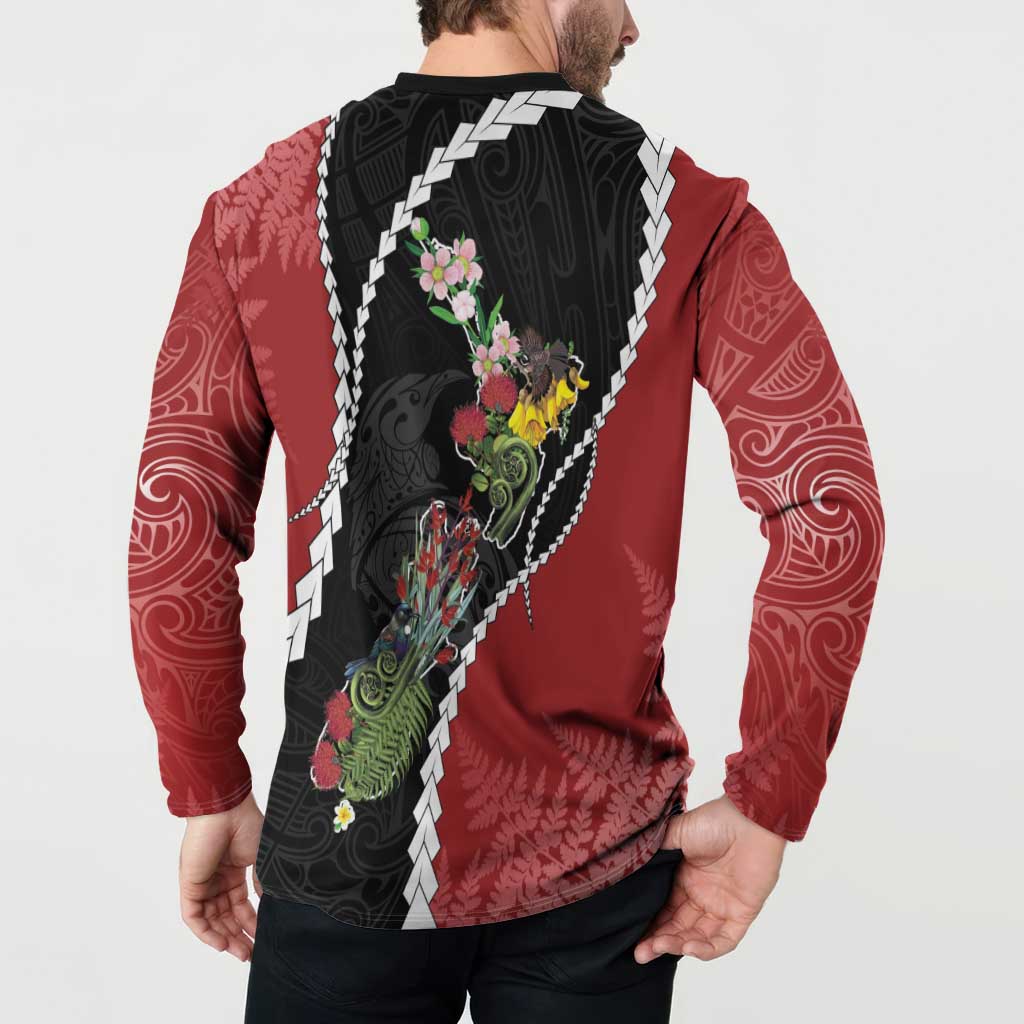 New Zealand Christmas Button Sweatshirt Flora Map with Birds - Polynesian Pride