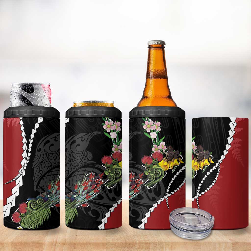 New Zealand Christmas 4 in 1 Can Cooler Tumbler Flora Map with Birds - Polynesian Pride