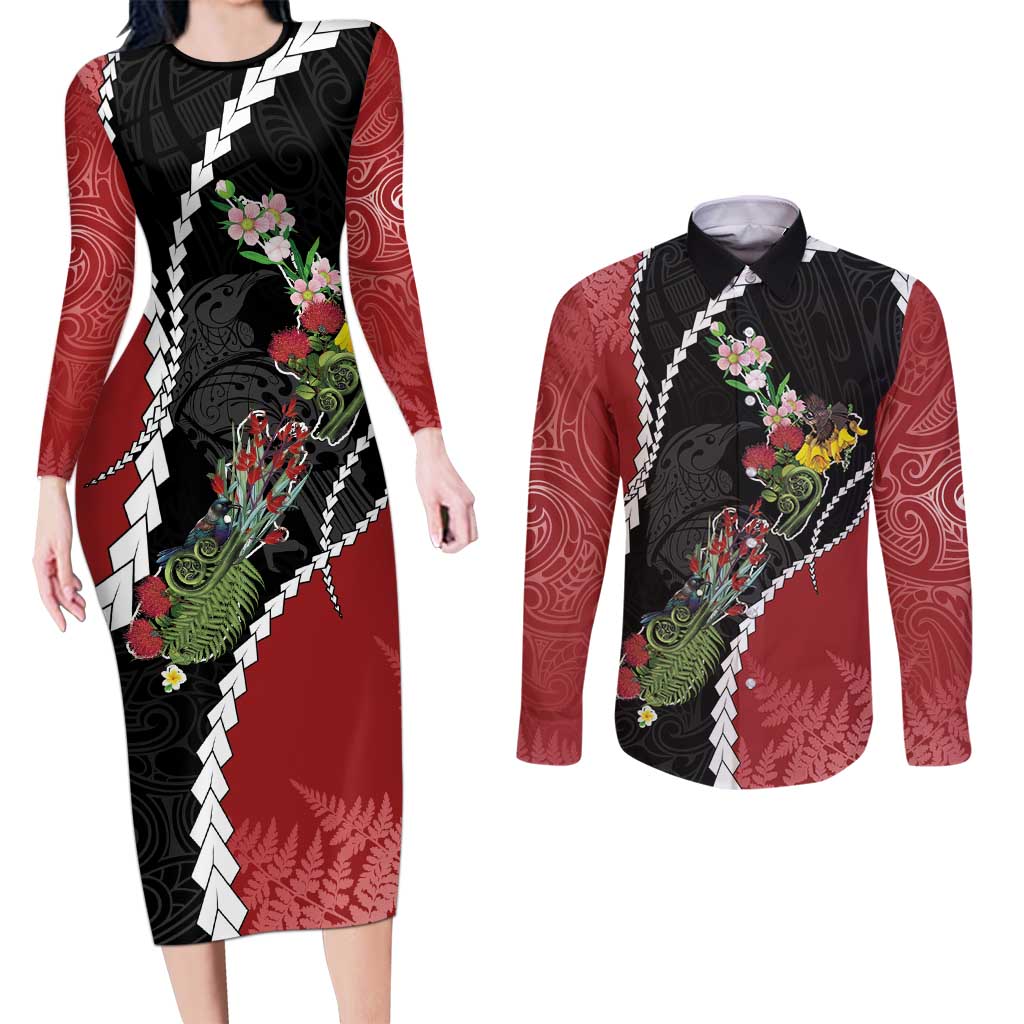 New Zealand Christmas Couples Matching Long Sleeve Bodycon Dress and Long Sleeve Button Shirt Flora Map with Birds - Polynesian Pride