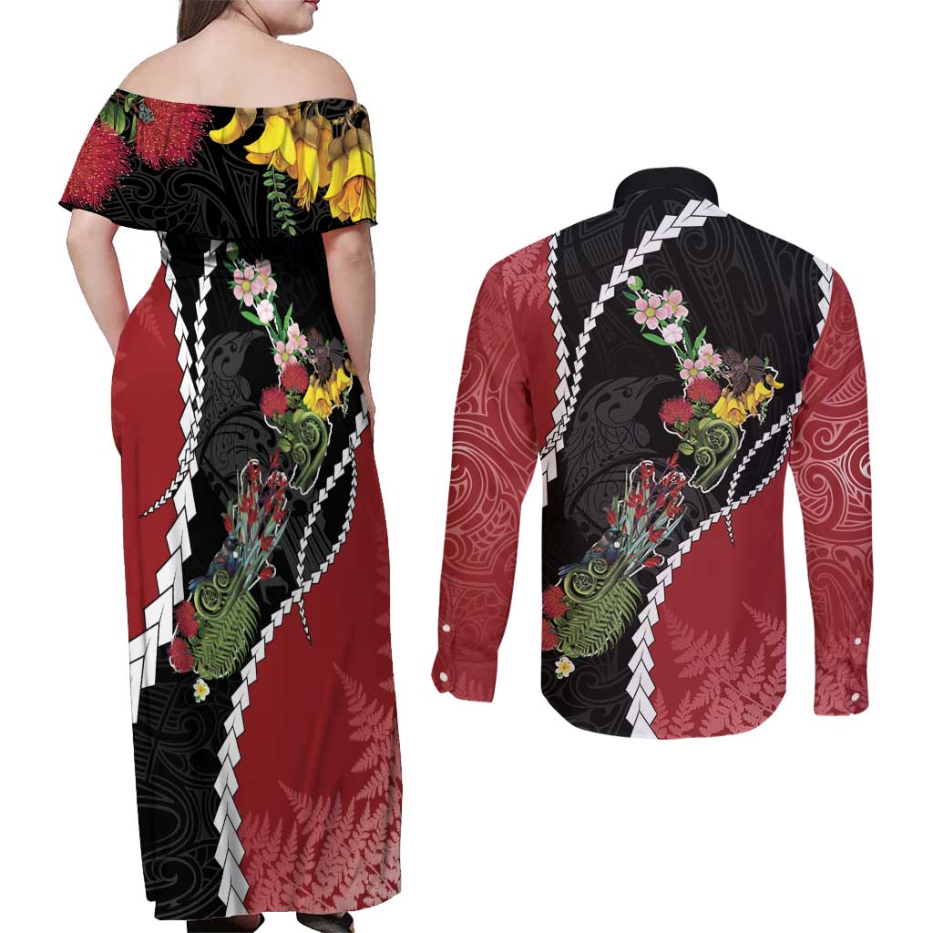 New Zealand Christmas Couples Matching Off Shoulder Maxi Dress and Long Sleeve Button Shirt Flora Map with Birds - Polynesian Pride