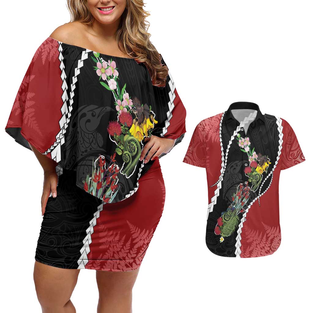 New Zealand Christmas Couples Matching Off Shoulder Short Dress and Hawaiian Shirt Flora Map with Birds - Polynesian Pride