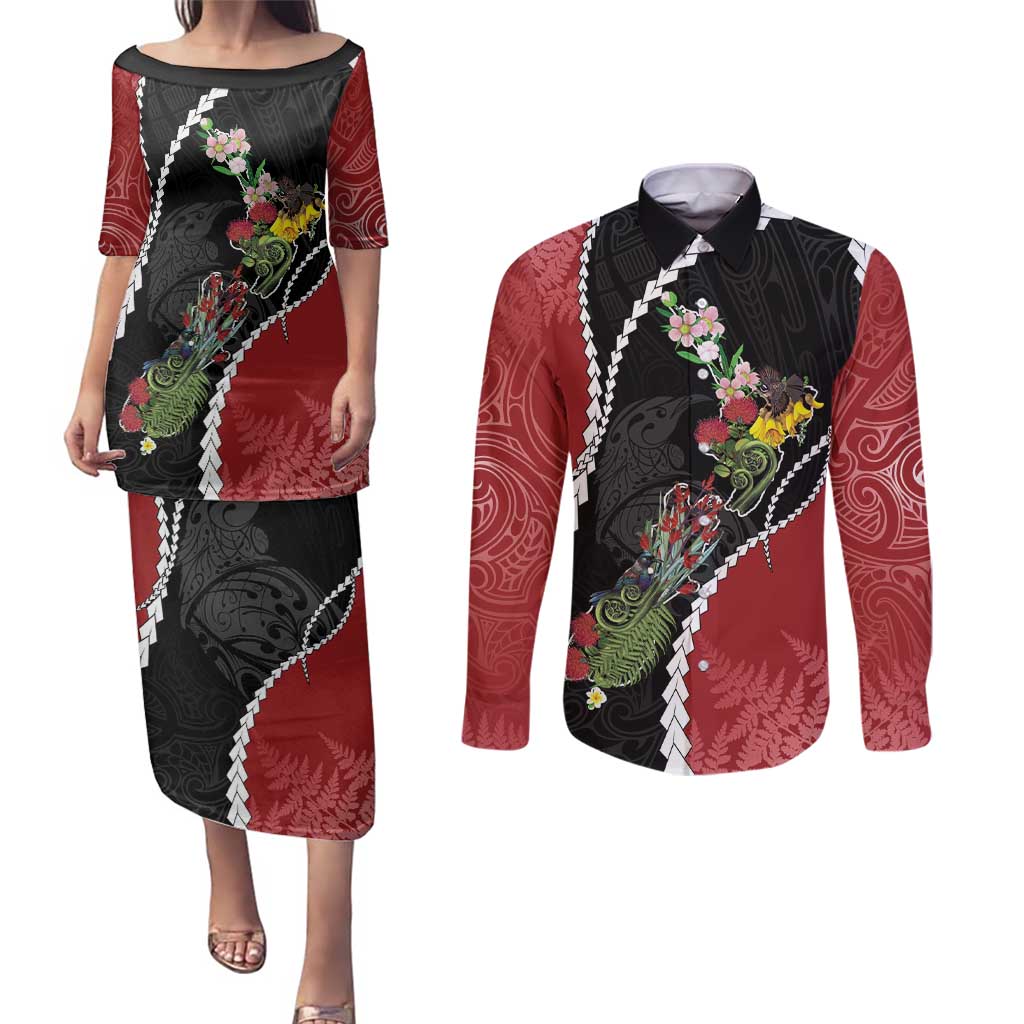 New Zealand Christmas Couples Matching Puletasi and Long Sleeve Button Shirt Flora Map with Birds - Polynesian Pride