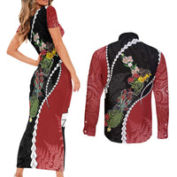 New Zealand Christmas Couples Matching Short Sleeve Bodycon Dress and Long Sleeve Button Shirt Flora Map with Birds - Polynesian Pride