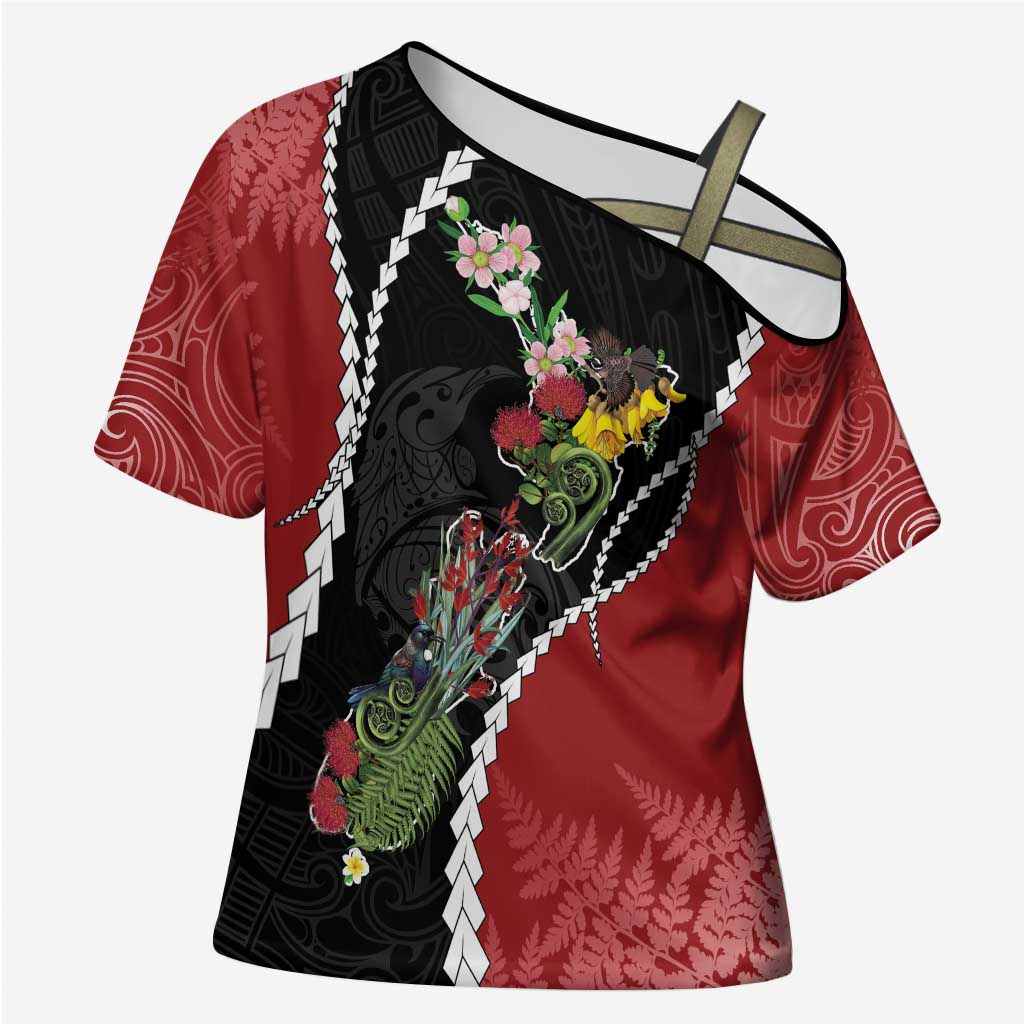 New Zealand Christmas Cross Shoulder Shirt Flora Map with Birds - Polynesian Pride
