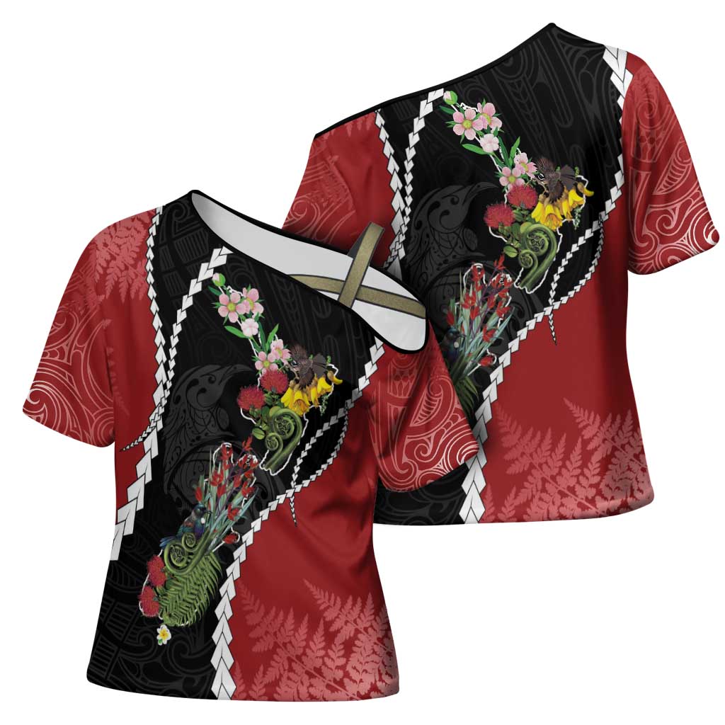 New Zealand Christmas Cross Shoulder Shirt Flora Map with Birds - Polynesian Pride