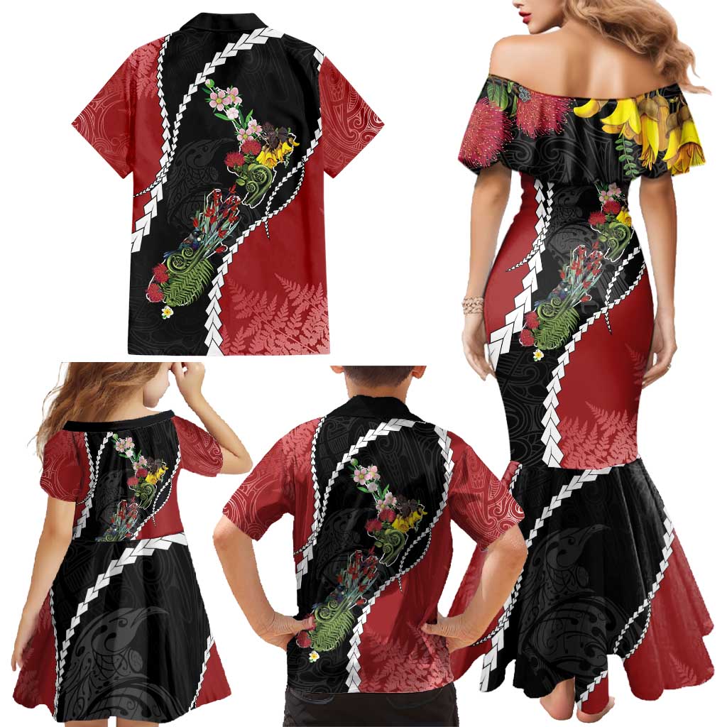 New Zealand Christmas Family Matching Mermaid Dress and Hawaiian Shirt Flora Map with Birds - Polynesian Pride