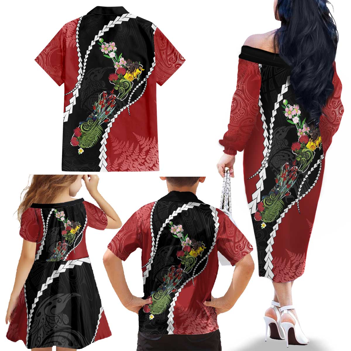 New Zealand Christmas Family Matching Off The Shoulder Long Sleeve Dress and Hawaiian Shirt Flora Map with Birds - Polynesian Pride