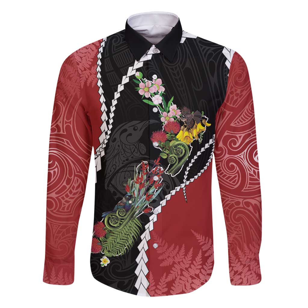 New Zealand Christmas Family Matching Off Shoulder Maxi Dress and Hawaiian Shirt Flora Map with Birds - Polynesian Pride