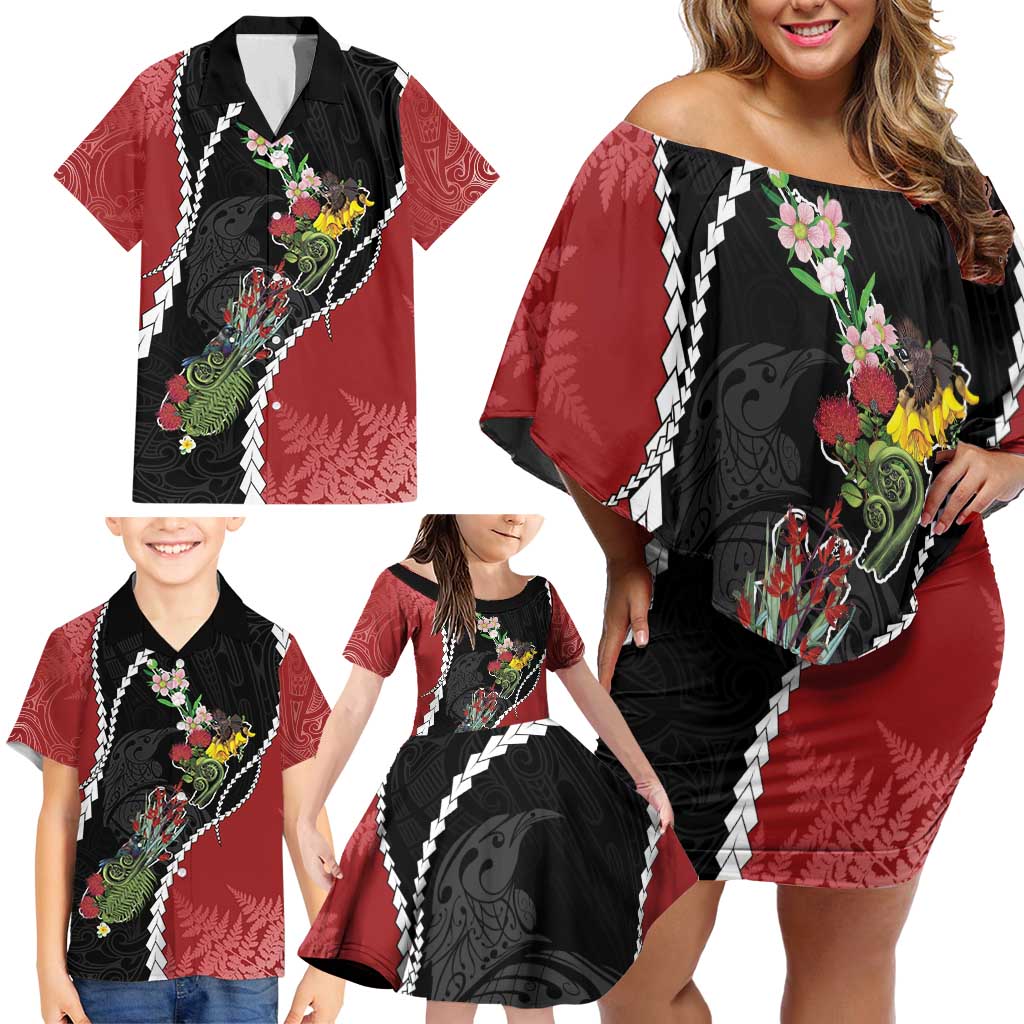New Zealand Christmas Family Matching Off Shoulder Short Dress and Hawaiian Shirt Flora Map with Birds - Polynesian Pride