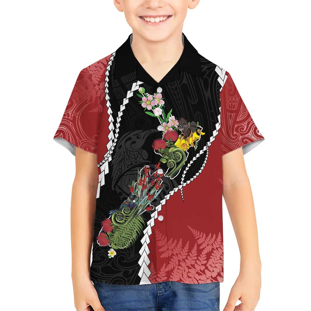 New Zealand Christmas Family Matching Off Shoulder Short Dress and Hawaiian Shirt Flora Map with Birds - Polynesian Pride