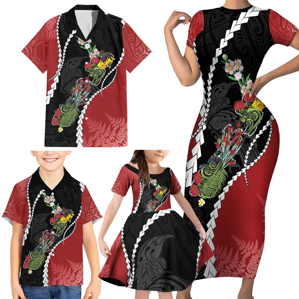 New Zealand Christmas Family Matching Short Sleeve Bodycon Dress and Hawaiian Shirt Flora Map with Birds - Polynesian Pride