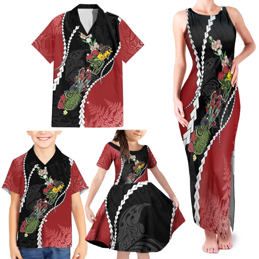 New Zealand Christmas Family Matching Tank Maxi Dress and Hawaiian Shirt Flora Map with Birds - Polynesian Pride