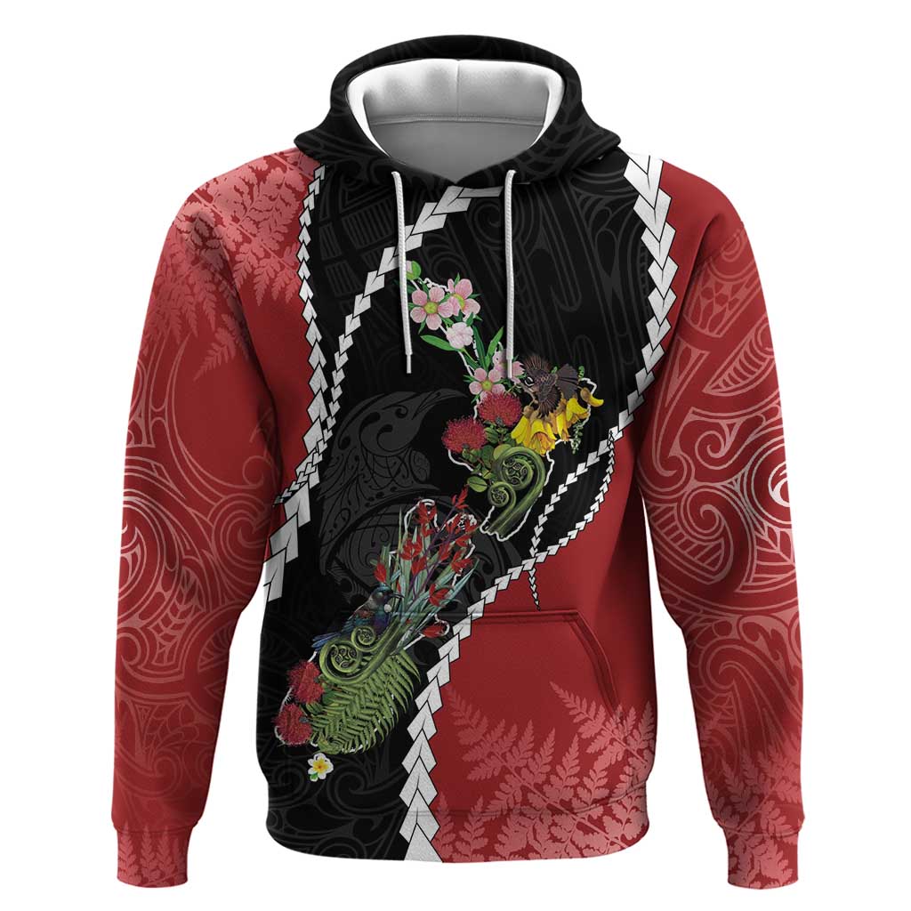 New Zealand Christmas Hoodie Flora Map with Birds - Polynesian Pride