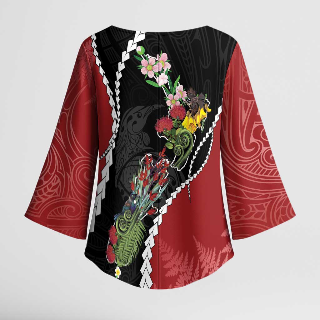 New Zealand Christmas Kimono Sleeve Blouse Flora Map with Birds - Polynesian Pride