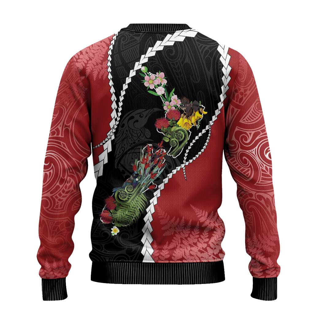 New Zealand Christmas Ugly Christmas Sweater Flora Map with Birds - Polynesian Pride