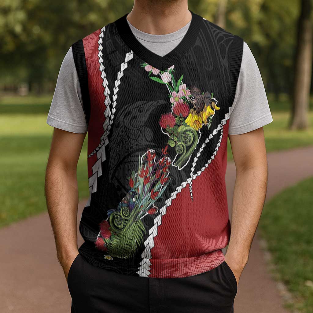 New Zealand Christmas Knitted V-Neck Vest Flora Map with Birds - Polynesian Pride