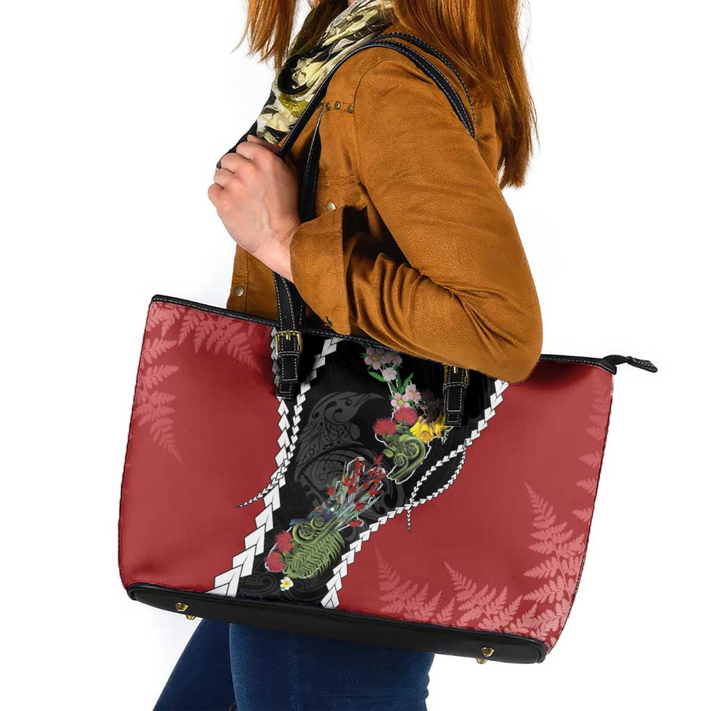 New Zealand Christmas Leather Tote Bag Flora Map with Birds - Polynesian Pride