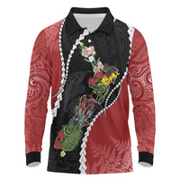 New Zealand Christmas Long Sleeve Polo Shirt Flora Map with Birds - Polynesian Pride