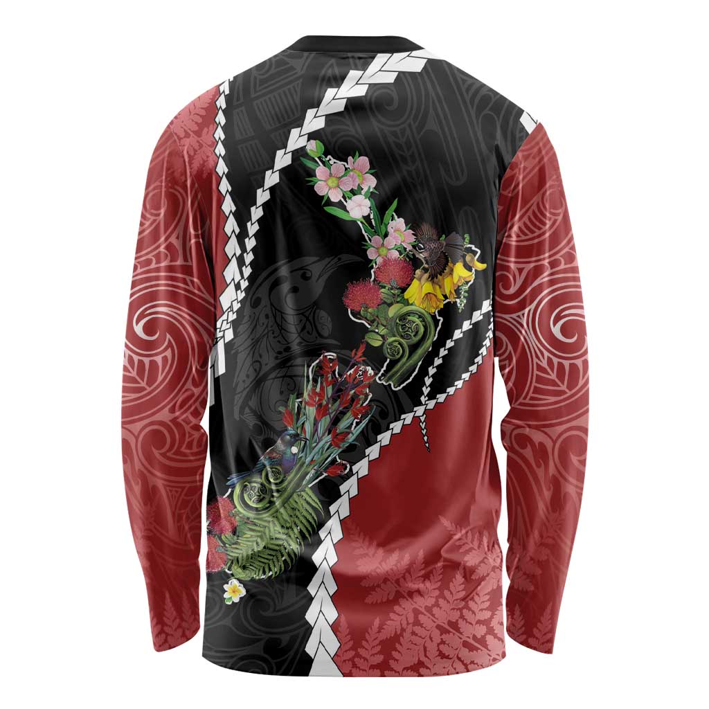 New Zealand Christmas Long Sleeve Shirt Flora Map with Birds - Polynesian Pride
