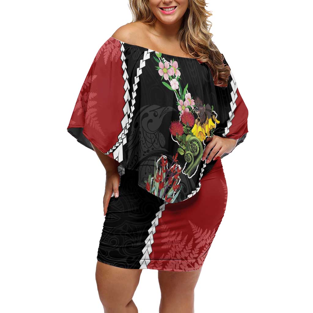 New Zealand Christmas Off Shoulder Short Dress Flora Map with Birds - Polynesian Pride