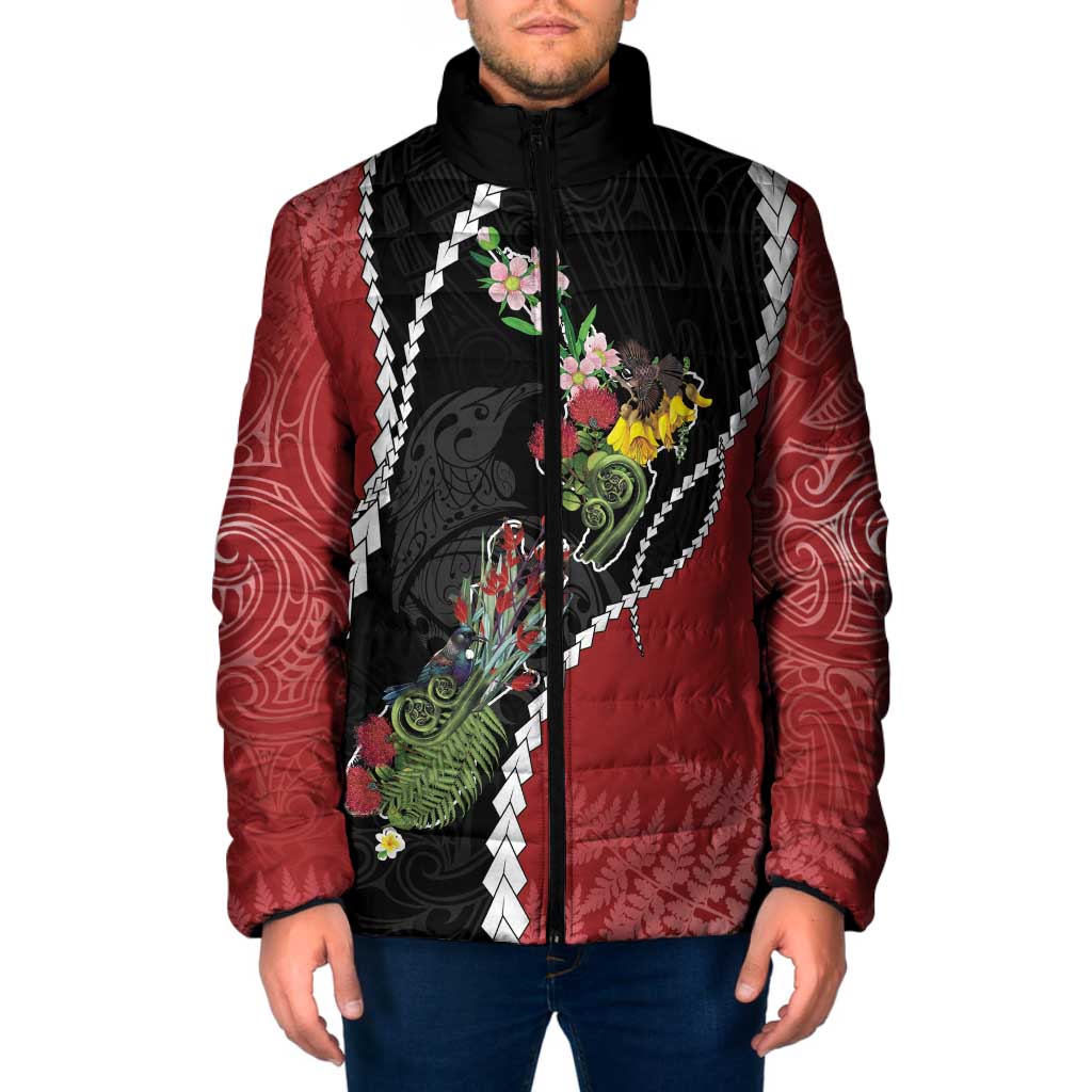 New Zealand Christmas Padded Jacket Flora Map with Birds - Polynesian Pride