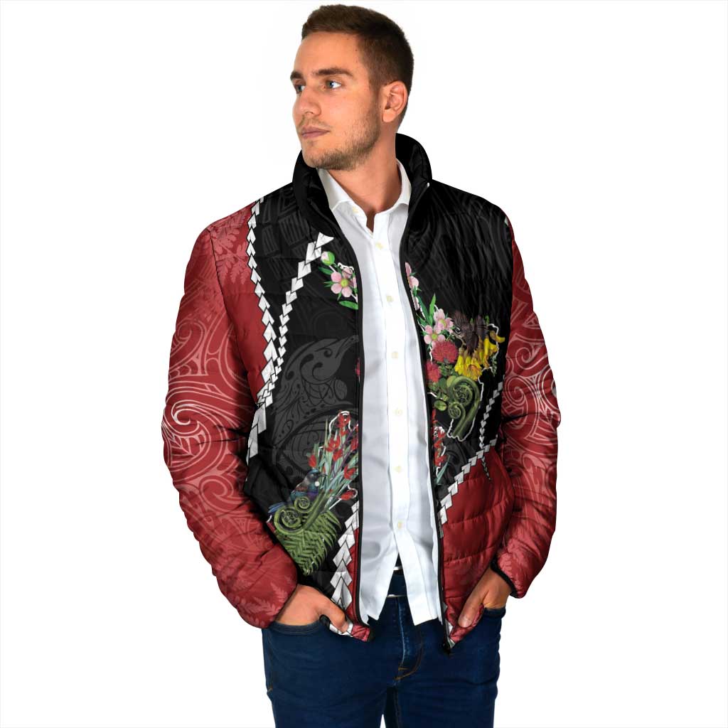 New Zealand Christmas Padded Jacket Flora Map with Birds - Polynesian Pride