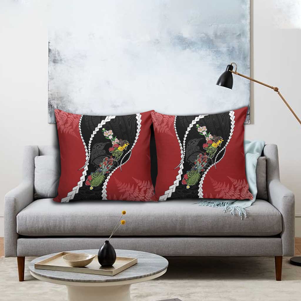 New Zealand Christmas Pillow Cover Flora Map with Birds - Polynesian Pride