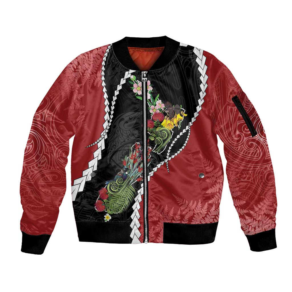 New Zealand Christmas Sleeve Zip Bomber Jacket Flora Map with Birds - Polynesian Pride