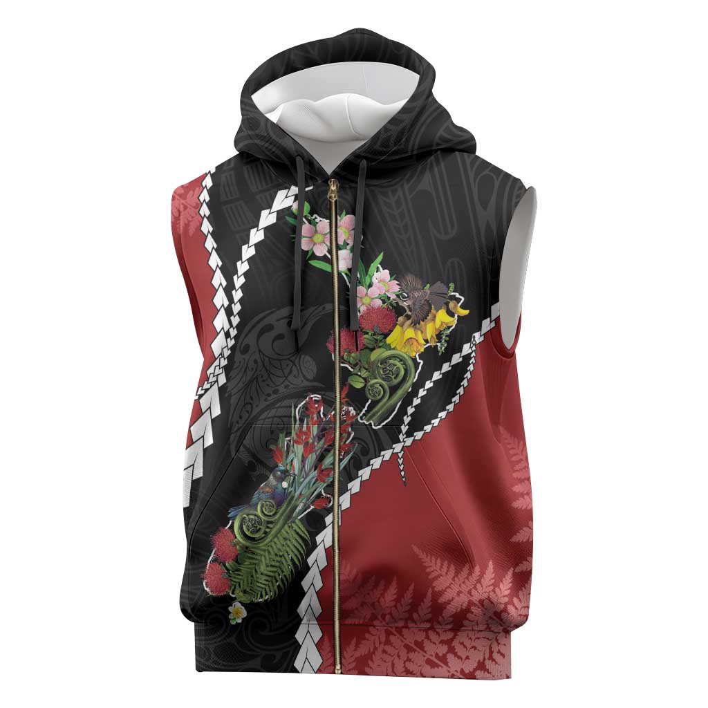 New Zealand Christmas Sleeveless Zip Hoodie Flora Map with Birds - Polynesian Pride