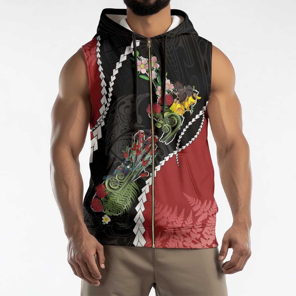 New Zealand Christmas Sleeveless Zip Hoodie Flora Map with Birds - Polynesian Pride