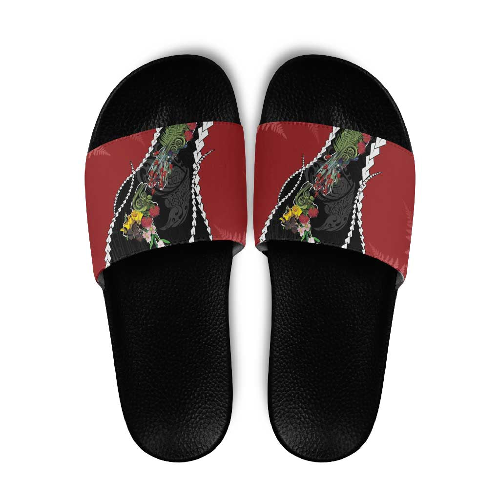 New Zealand Christmas Slide Sandals Flora Map with Birds - Polynesian Pride