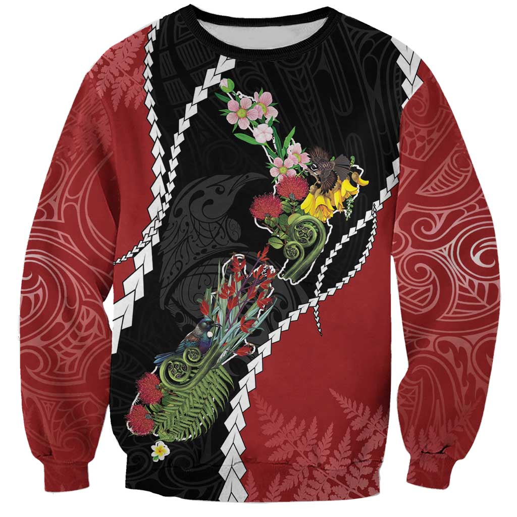 New Zealand Christmas Sweatshirt Flora Map with Birds - Polynesian Pride