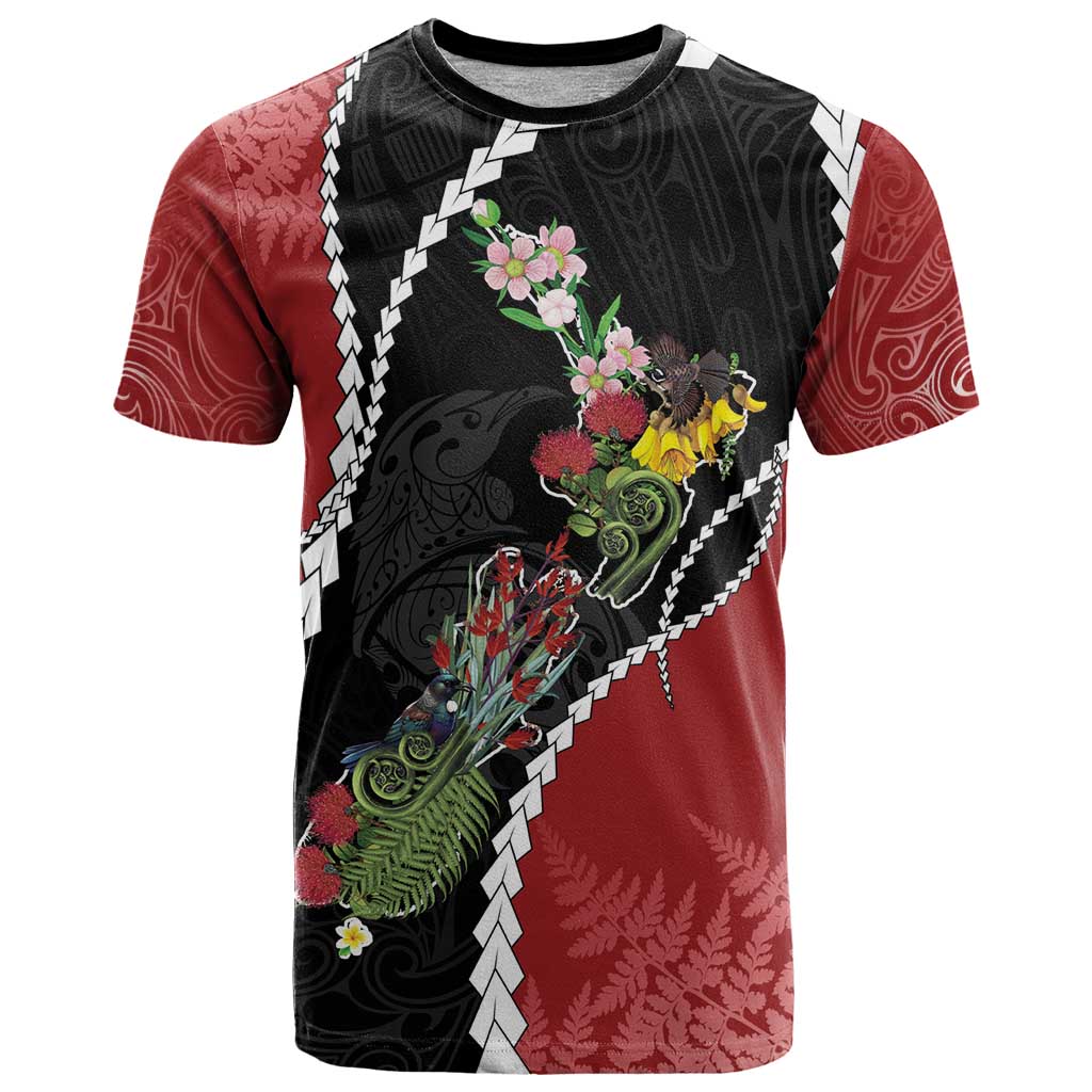 New Zealand Christmas T Shirt Flora Map with Birds - Polynesian Pride