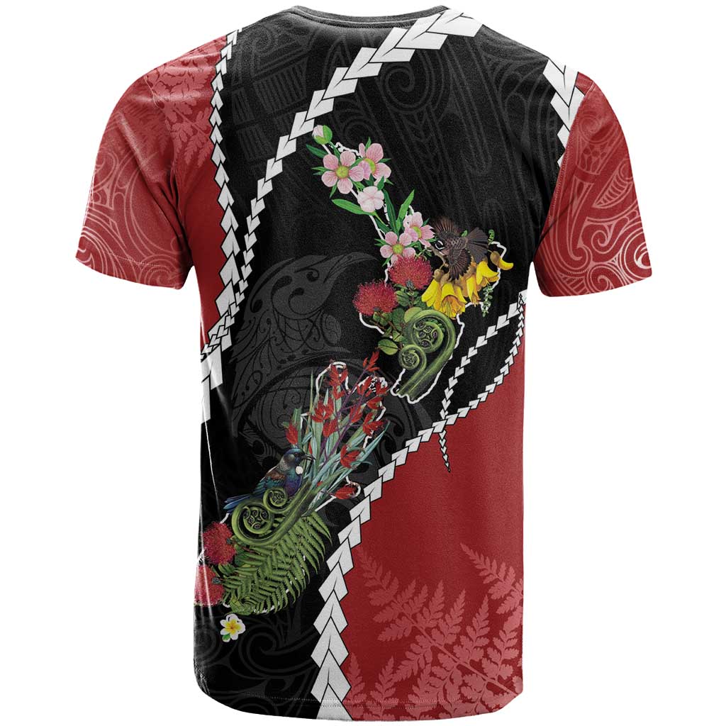 New Zealand Christmas T Shirt Flora Map with Birds - Polynesian Pride