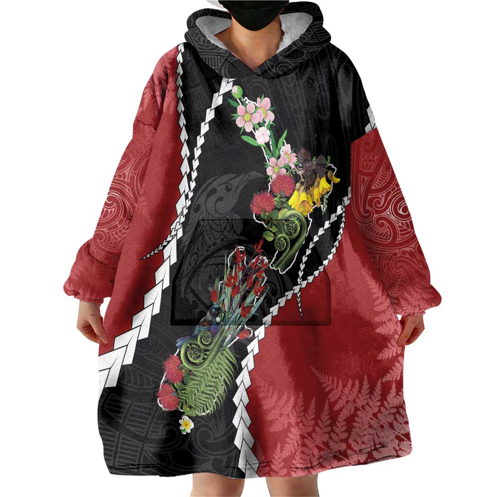 New Zealand Christmas Wearable Blanket Hoodie Flora Map with Birds - Polynesian Pride