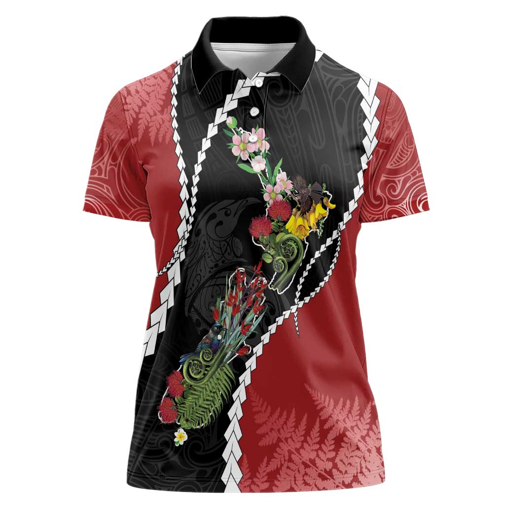 New Zealand Christmas Women Polo Shirt Flora Map with Birds - Polynesian Pride