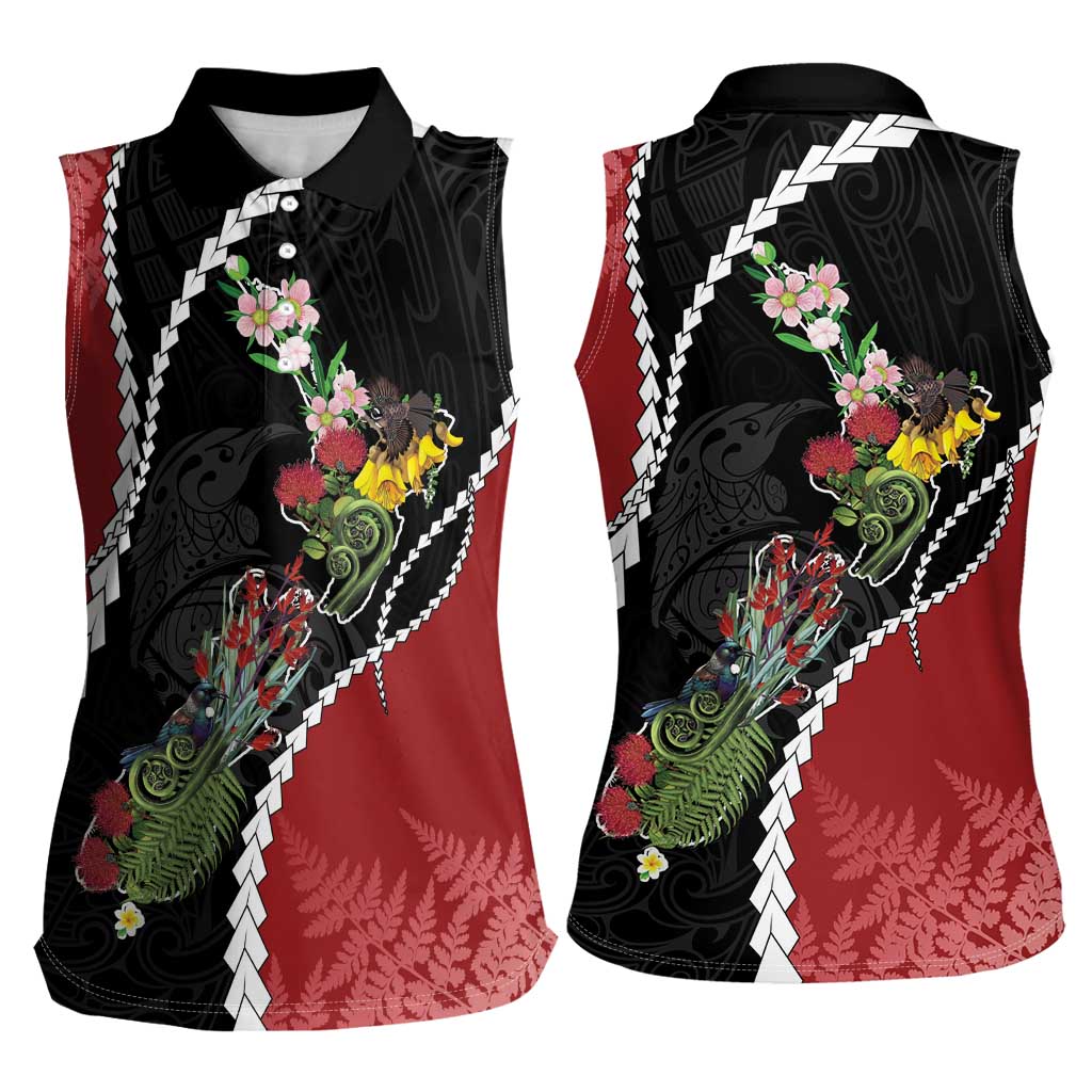 New Zealand Christmas Women Sleeveless Polo Shirt Flora Map with Birds - Polynesian Pride