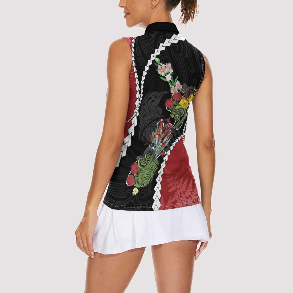 New Zealand Christmas Women Sleeveless Polo Shirt Flora Map with Birds - Polynesian Pride