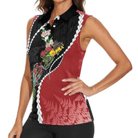 New Zealand Christmas Women Sleeveless Polo Shirt Flora Map with Birds - Polynesian Pride