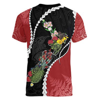 New Zealand Christmas Women V-Neck T-Shirt Flora Map with Birds - Polynesian Pride